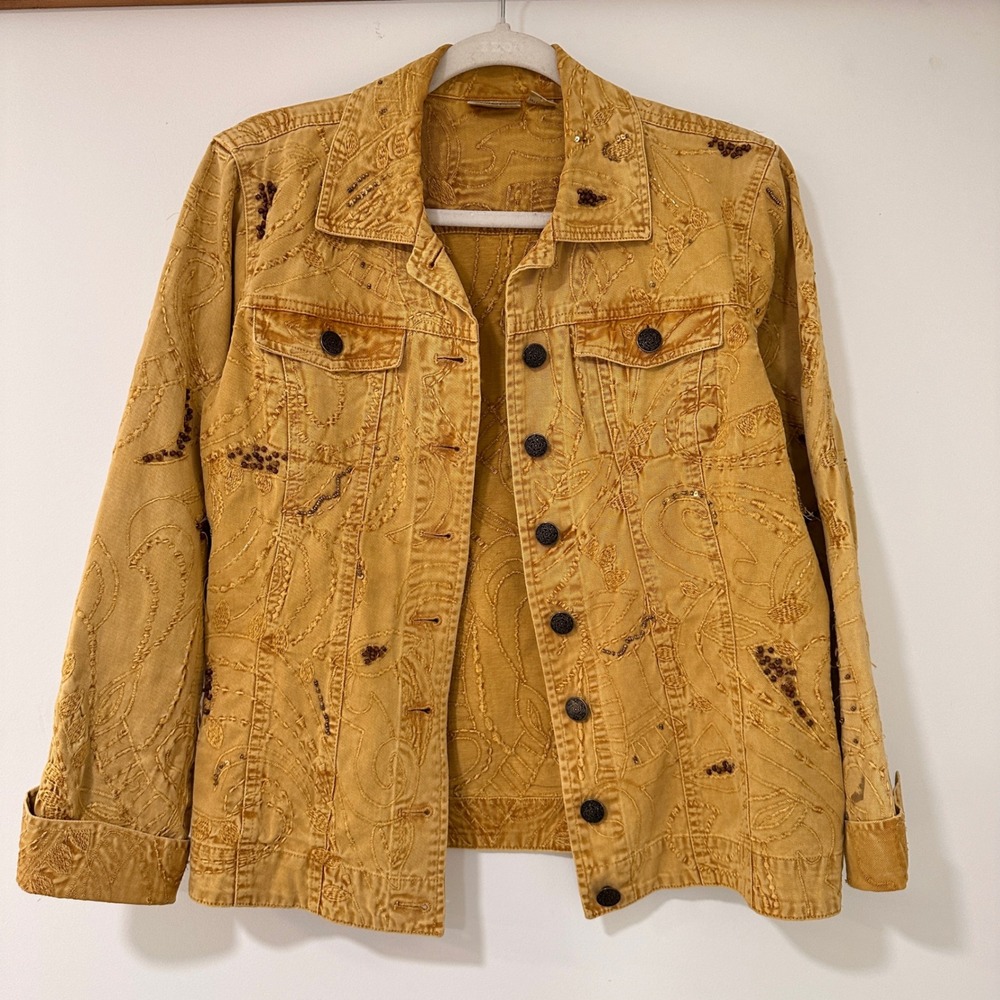 Chico's‎ Embroidered Beaded Jacket Womens Size 1 Mustard Yellow Cotton | Boho